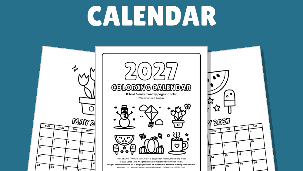 2027 Coloring Calendar, 12 Bold & Easy Monthly Pages, Printable