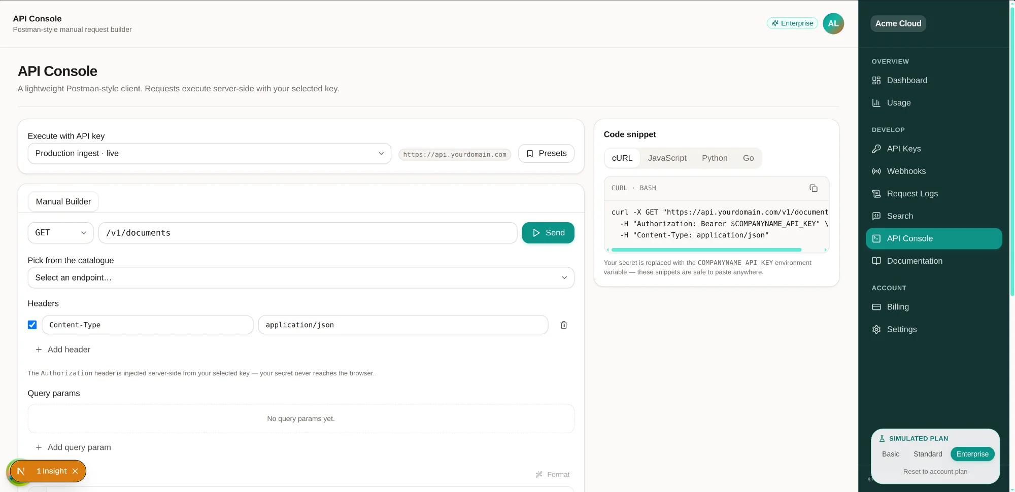 API console screen of the SaaS kit