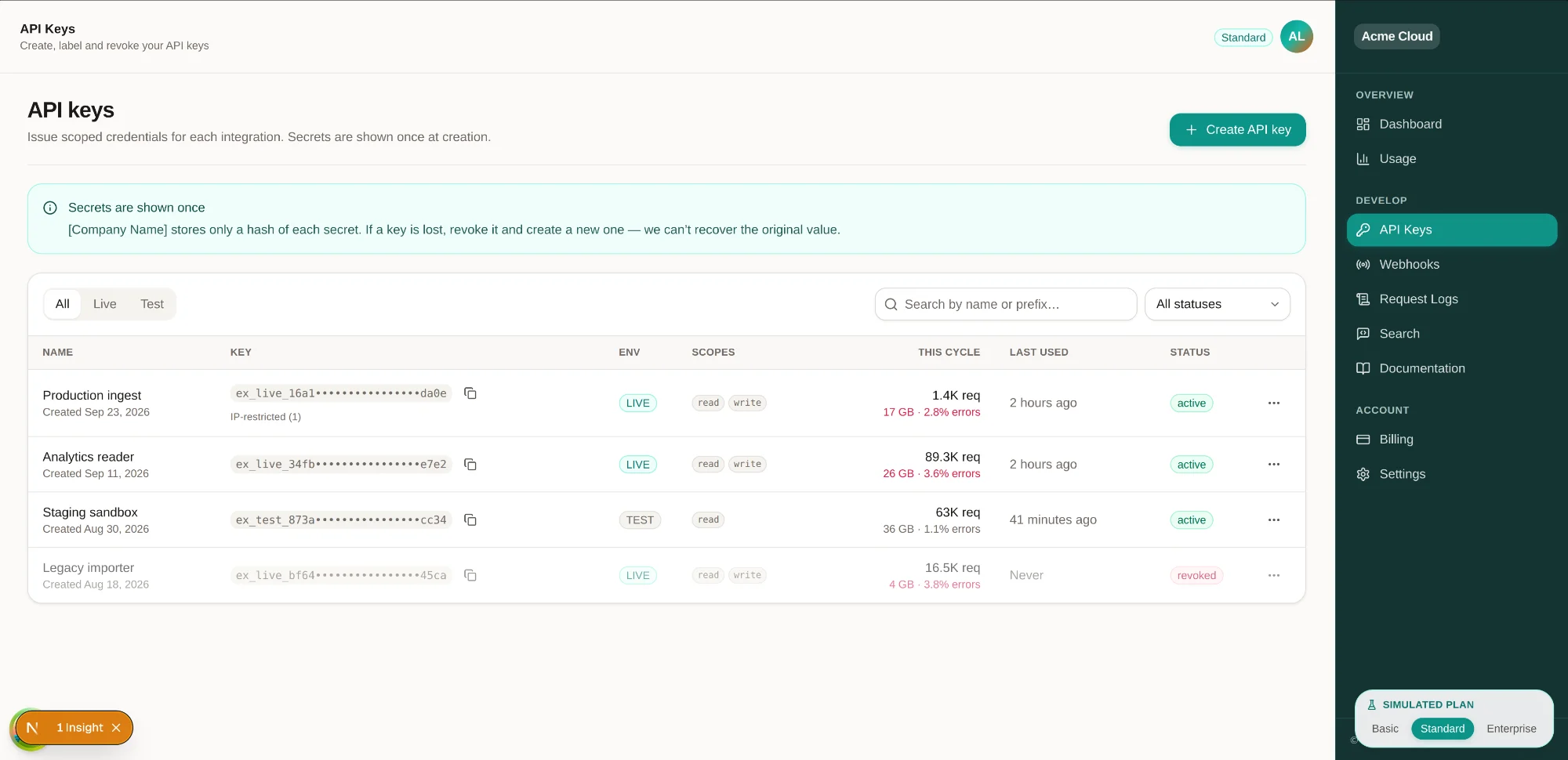 API keys screen of the SaaS kit