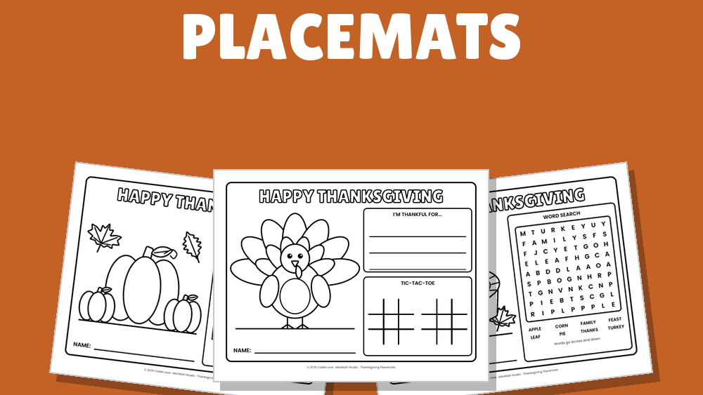 Thanksgiving Coloring Placemats for Kids, 8 Printable Activity Pages