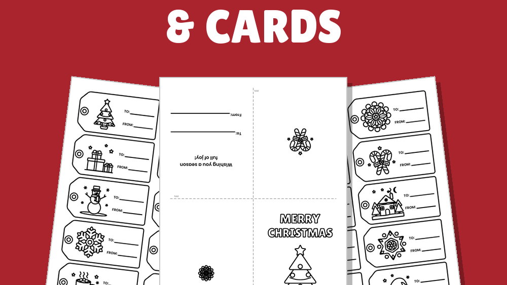 Christmas Gift Tags & Cards to Color, 20 Tags + 6 Fold Cards, Printable