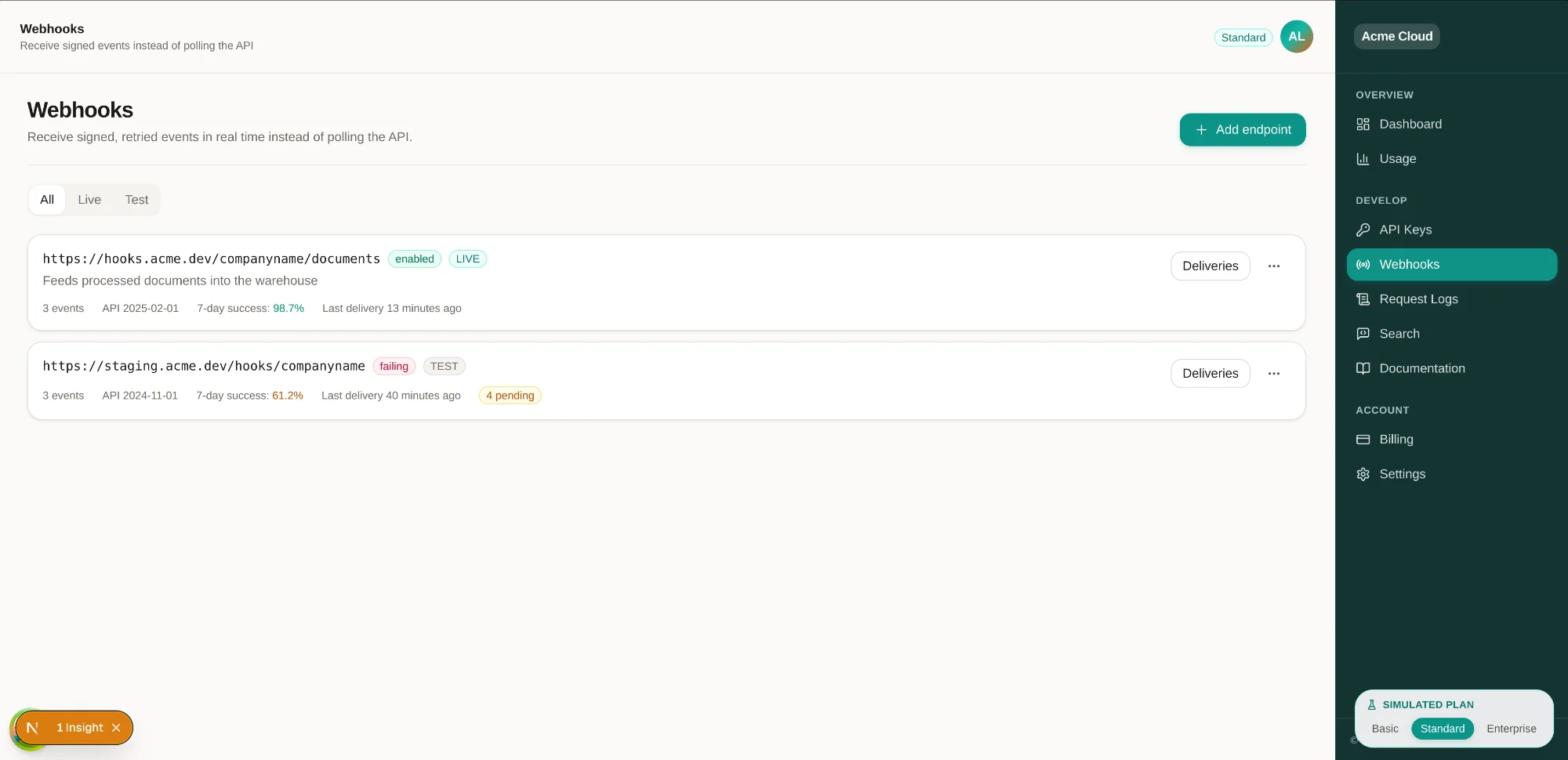 Webhooks screen of the SaaS kit