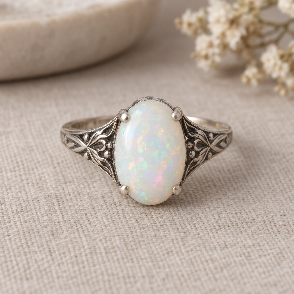 Retro Silver Ring with White Opal