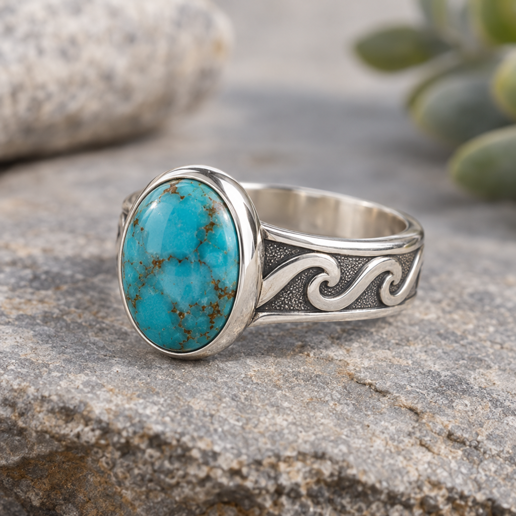 Silver Wave Ring with Turquoise Stone
