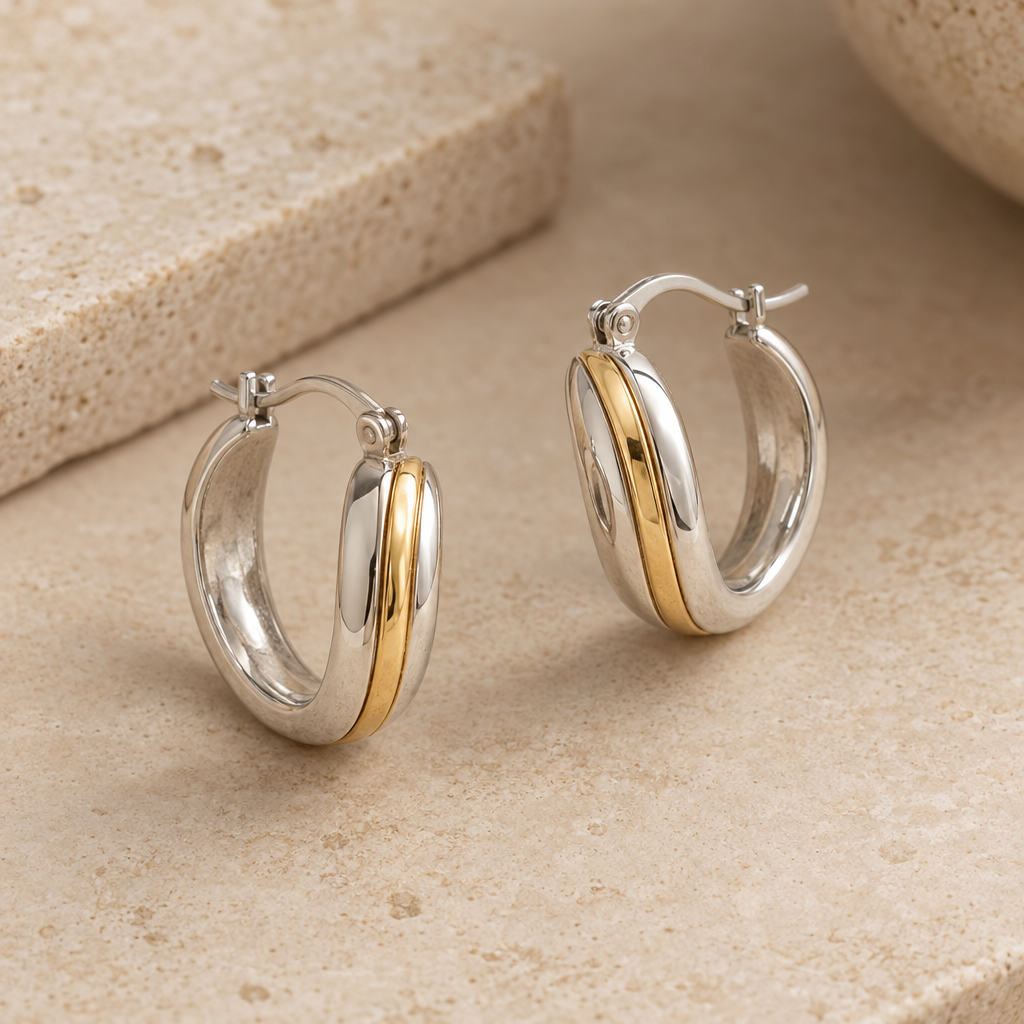 Retro Silver Hoops with Gold Lines