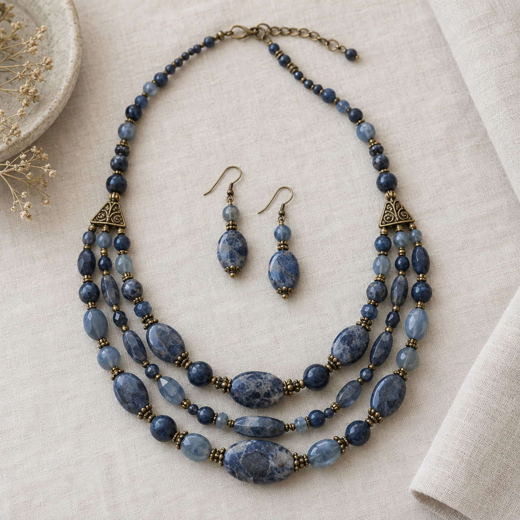 Retro Layered Blue Stone Necklace and Earring Set