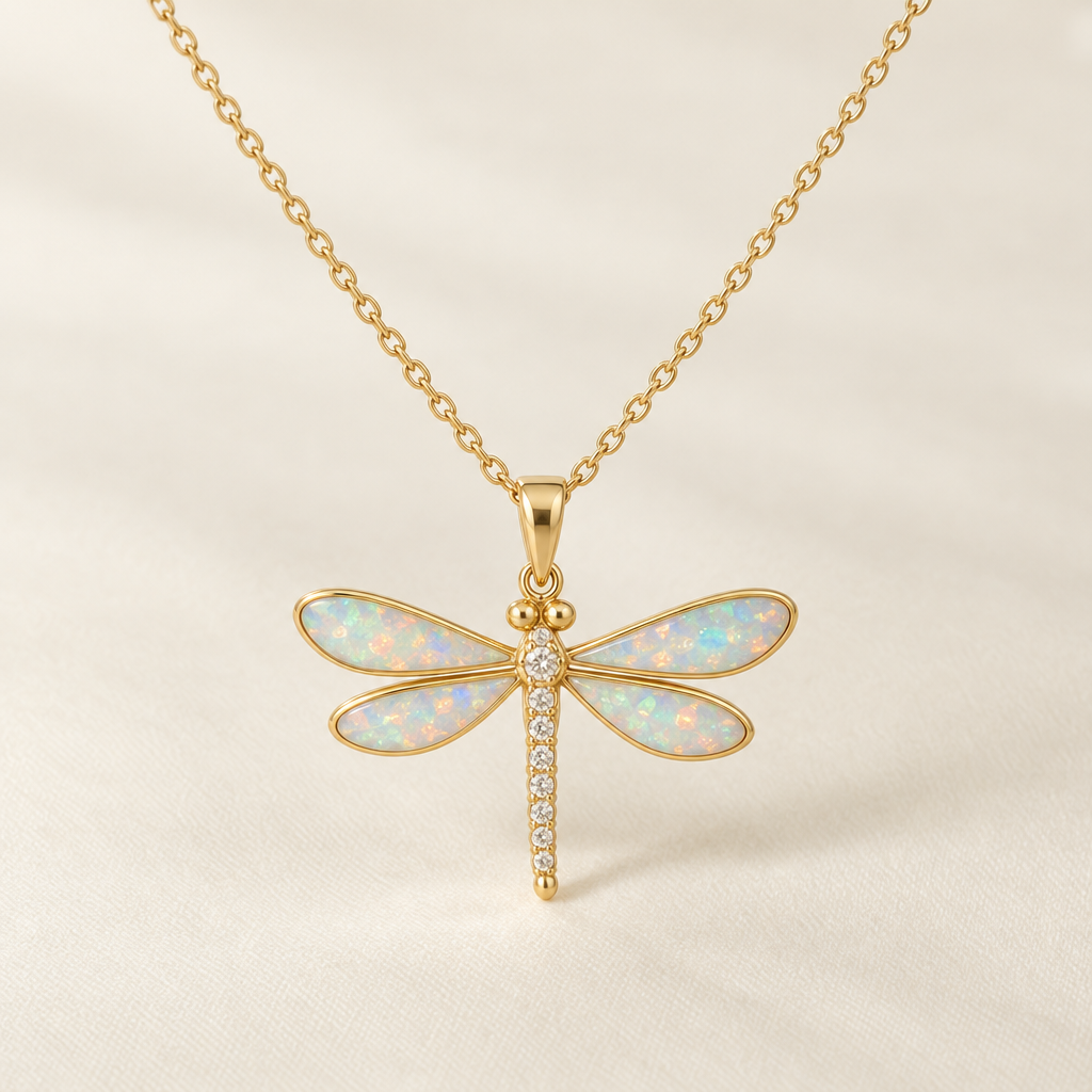 Gold Dragonfly Opal Pendant Necklace