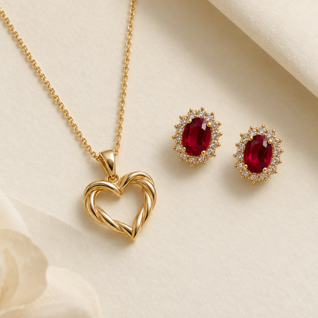 Gold Twisted Heart Set with Red Stones