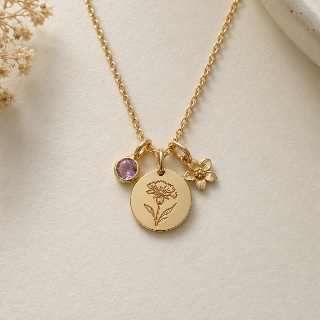 Personalized Birth Flower Birthstone Necklace