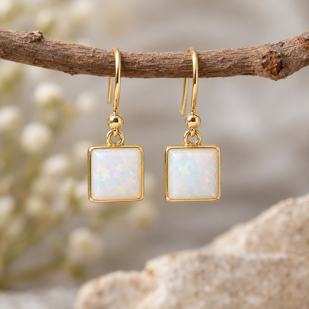 Retro Square White Opal Earrings