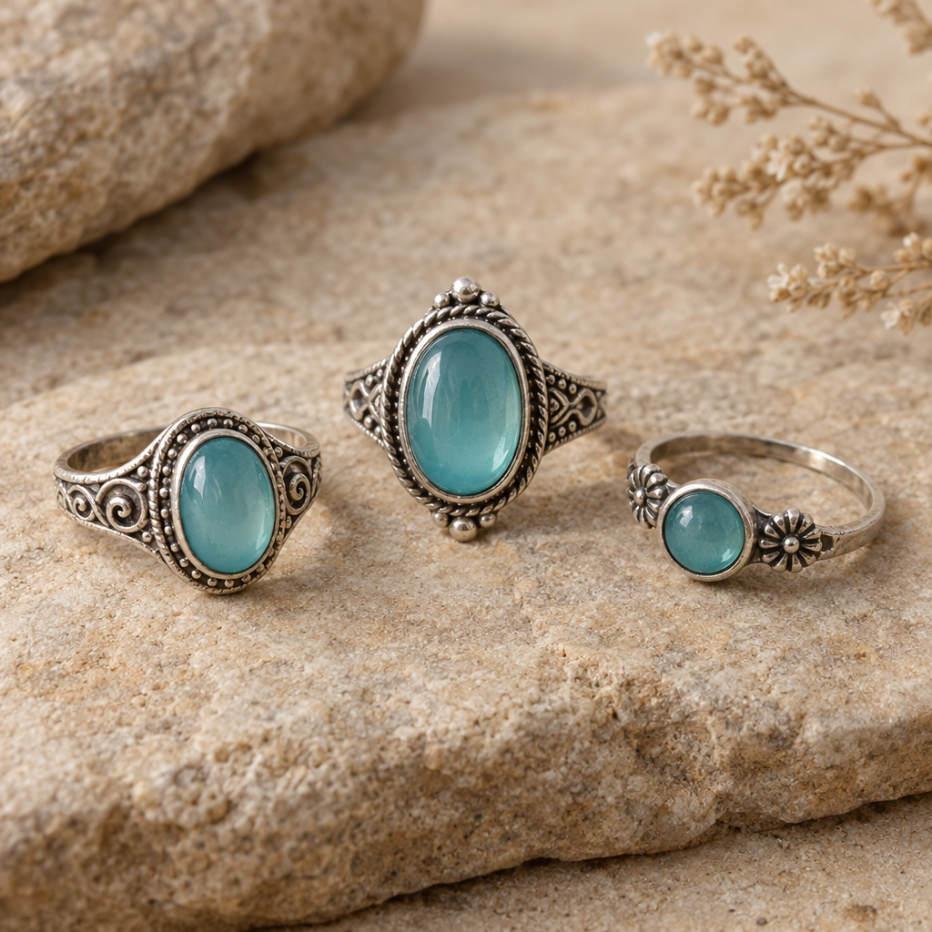 Retro Silver Turquoise Glass Ring Set, 3 Pieces