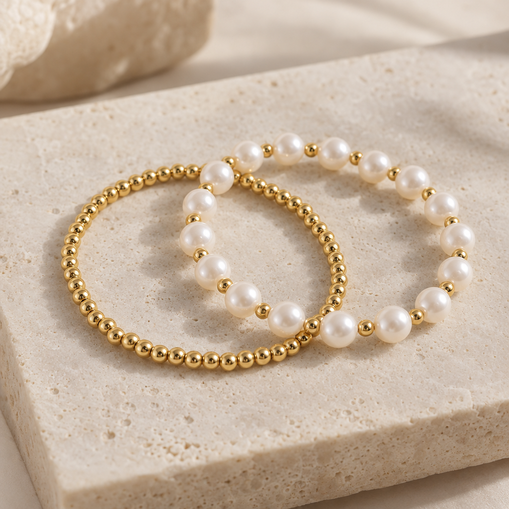 Gold and Pearl Beaded Bracelet Set