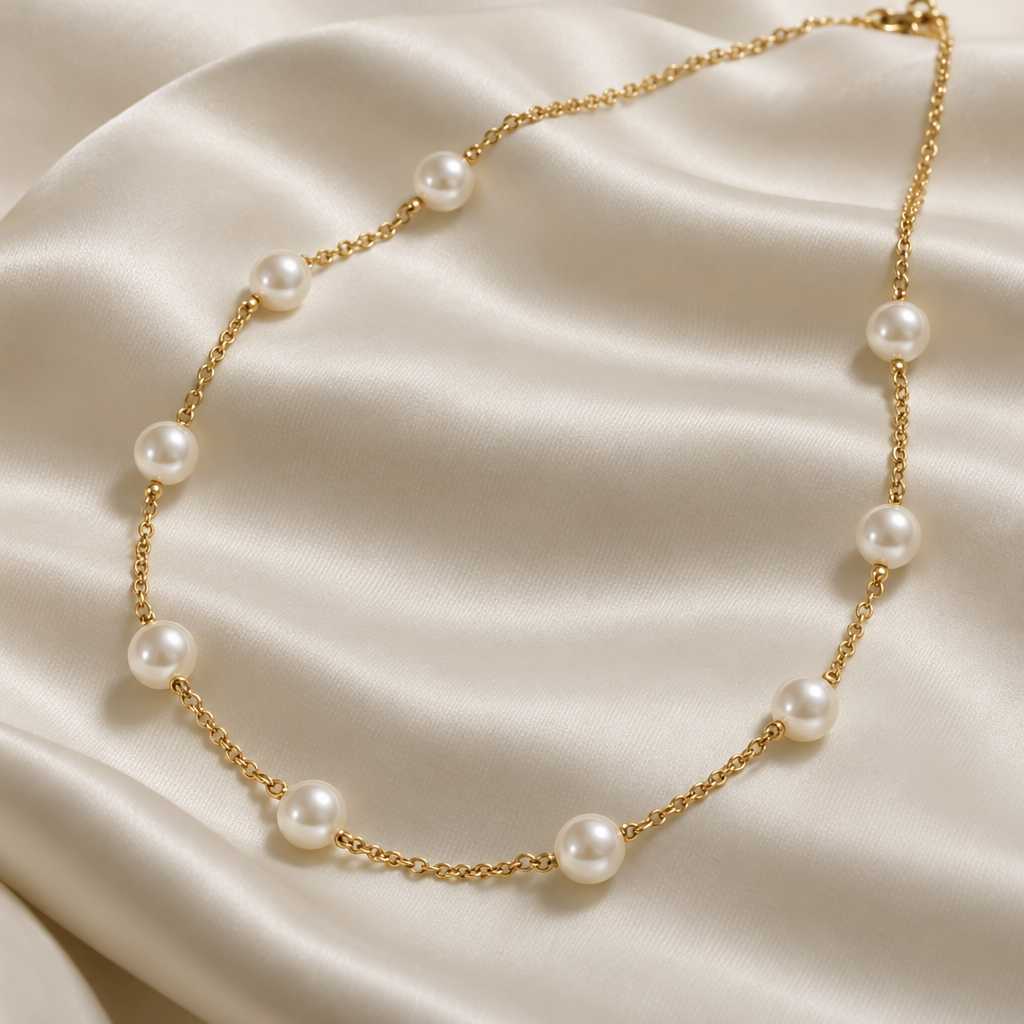 Gold Chain Necklace with Spaced Pearls