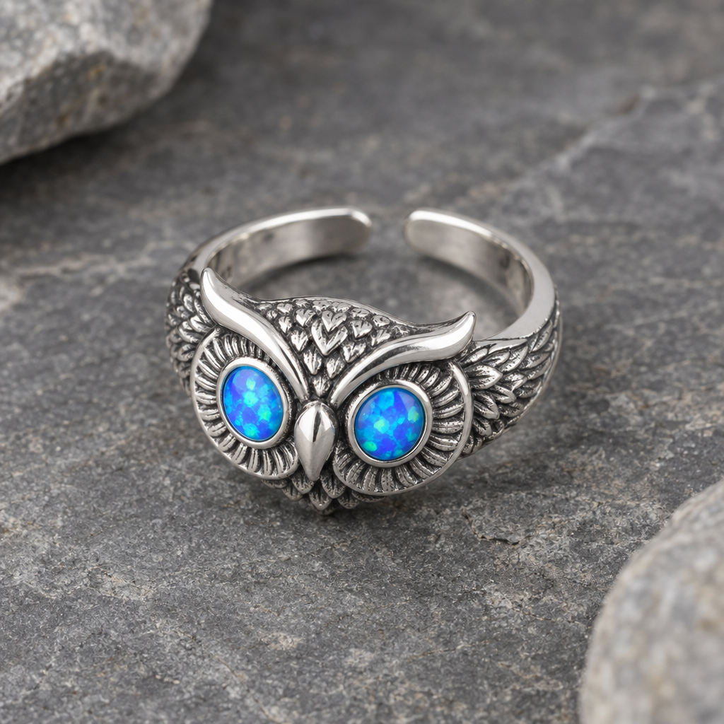 Adjustable Silver Owl Ring with Opal Eyes