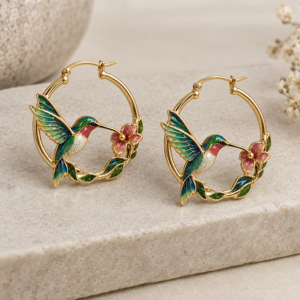 Retro Enamel Hummingbird Hoops