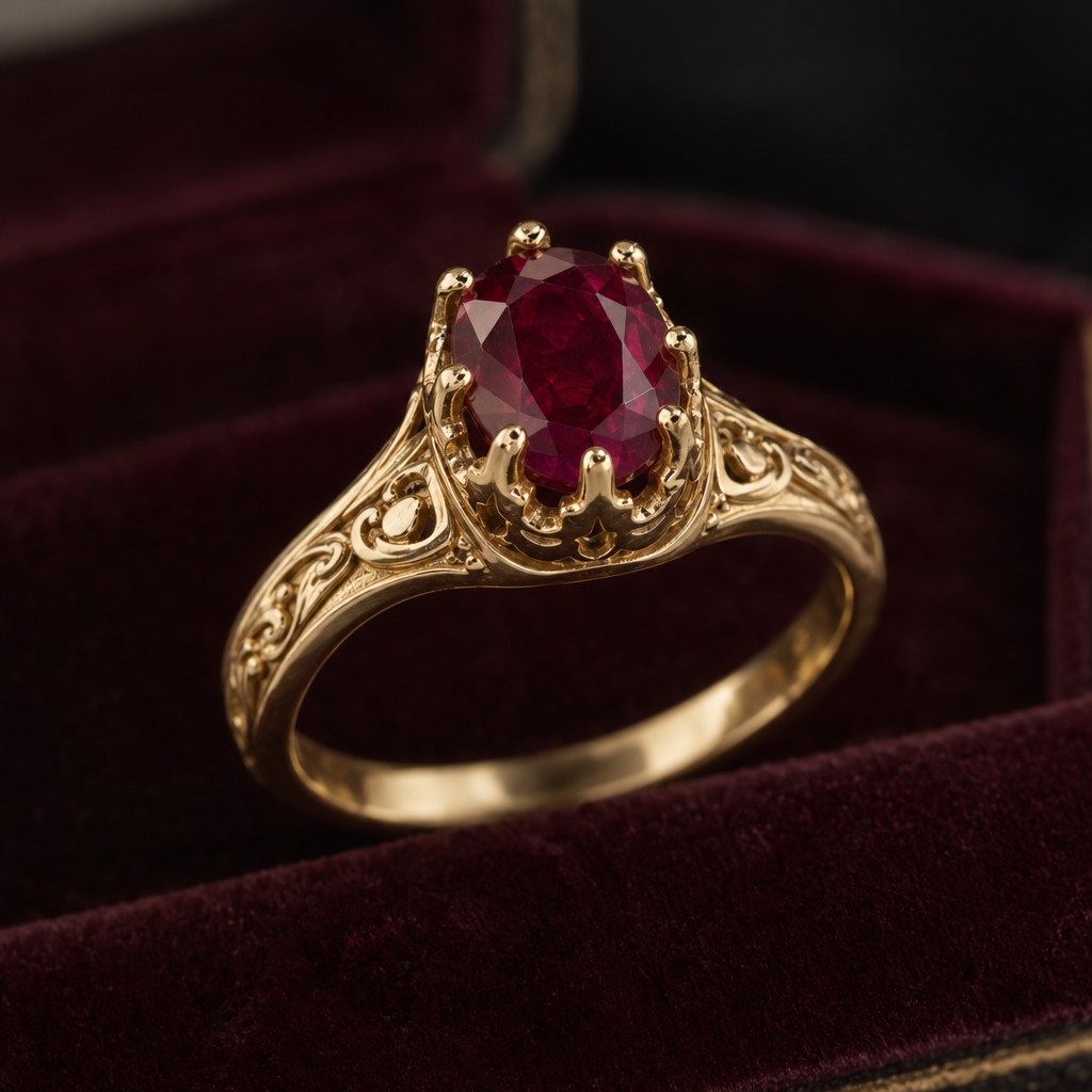 Heirloom Crown Ring with Red Stone
