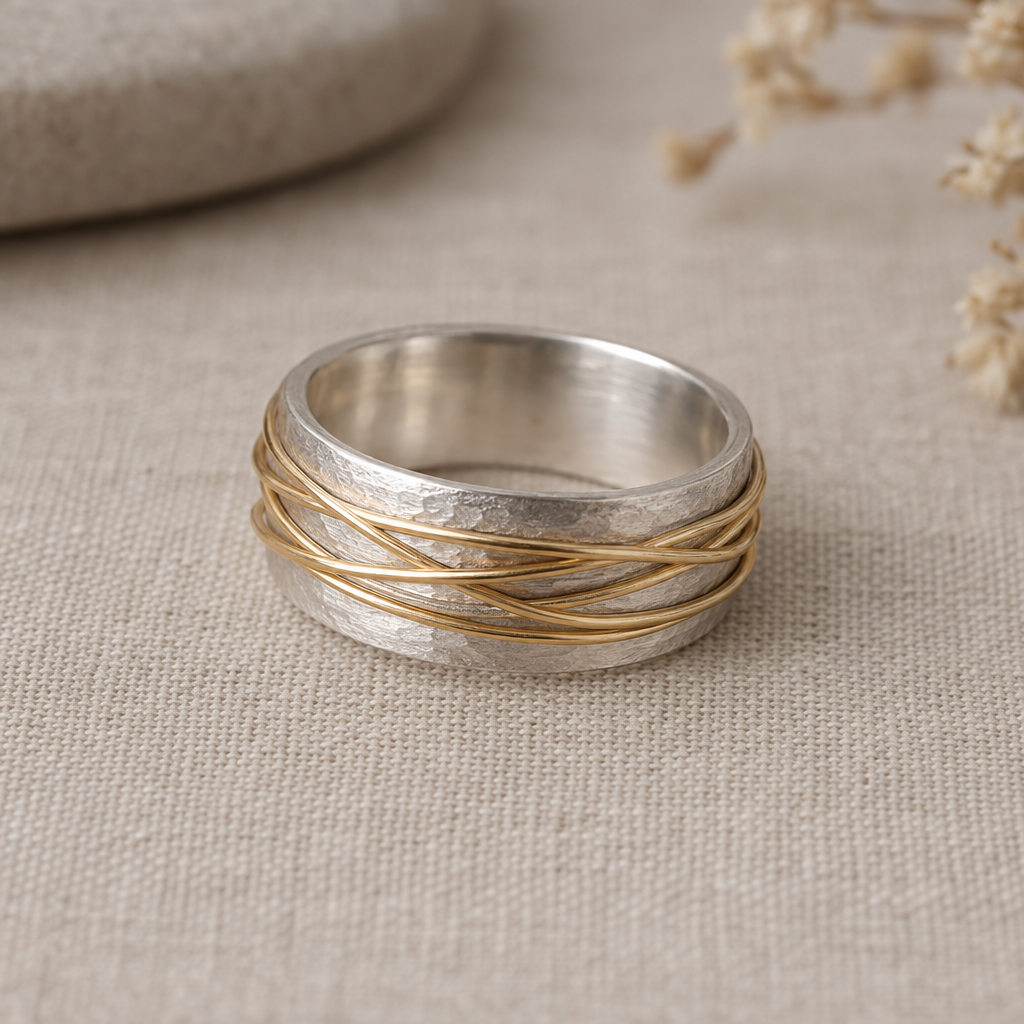 Silver Band with Gold Wire Wrap