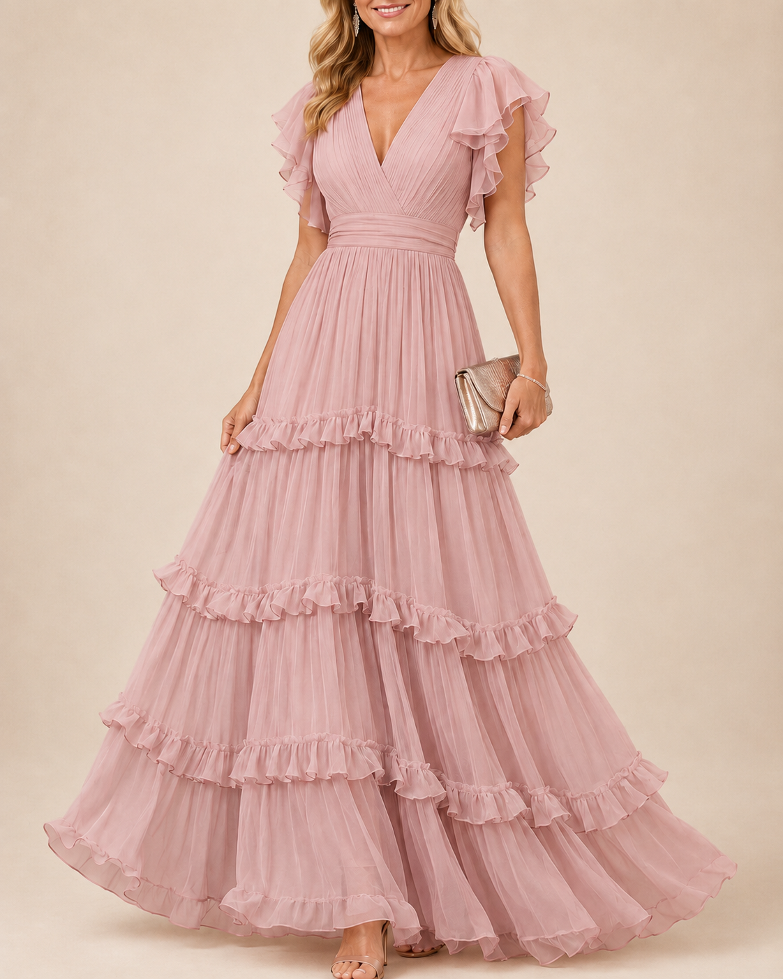 Rosalía | Vestido Maxi Rosa Empolvado con Volantes y Mangas Mariposa