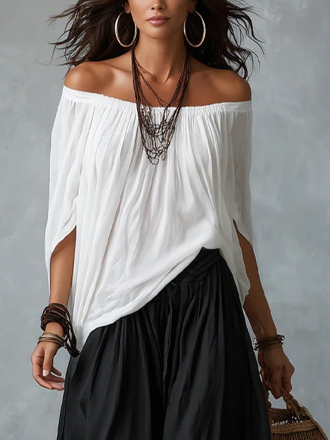 Damaris | Conjunto de Blusa Blanca con Hombros Descubiertos y Pantalón Palazzo N