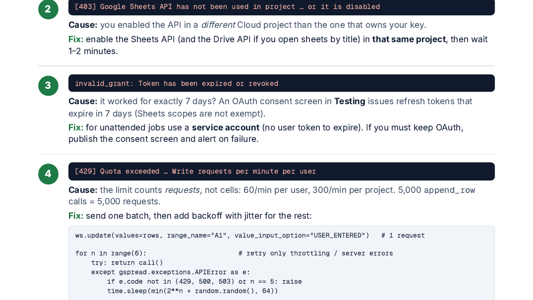 Fix the 5 most common Python -> Google Sheets errors (free 1-page cheat sheet)