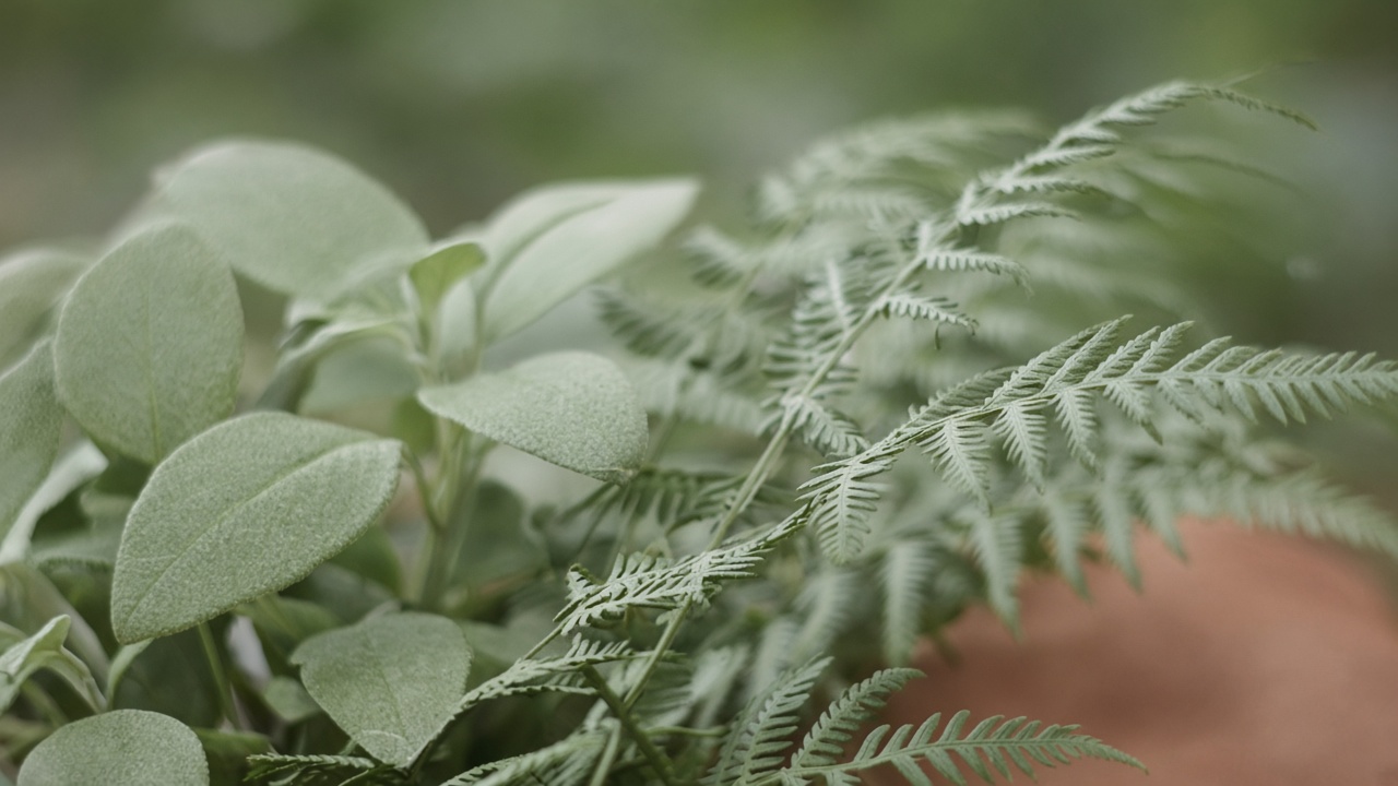 Feuilles de sauge et fougères dans des tons vert sauge