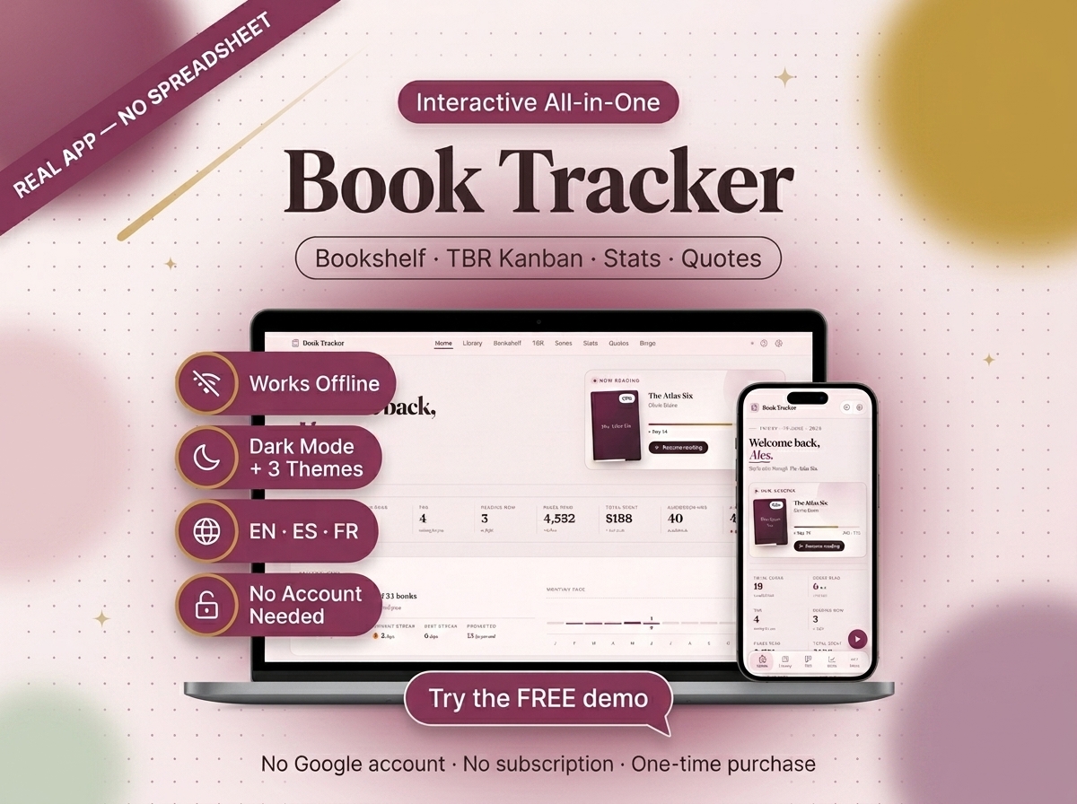 Interactive Book Tracker App | Bookshelf, TBR Kanban, Stats (Digital Download)