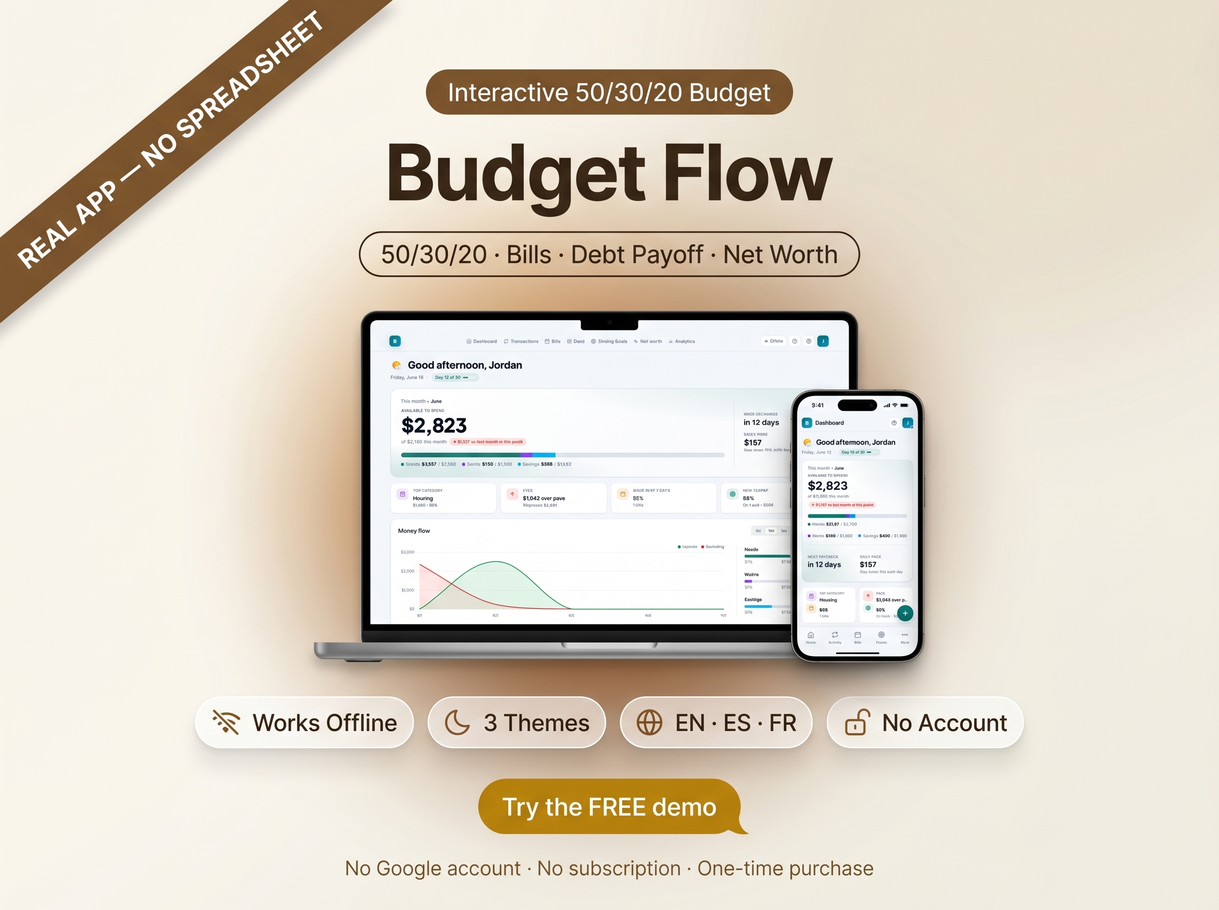 Budget Flow App | 50/30/20, Bills, Debt Payoff, Net Worth (Offline)