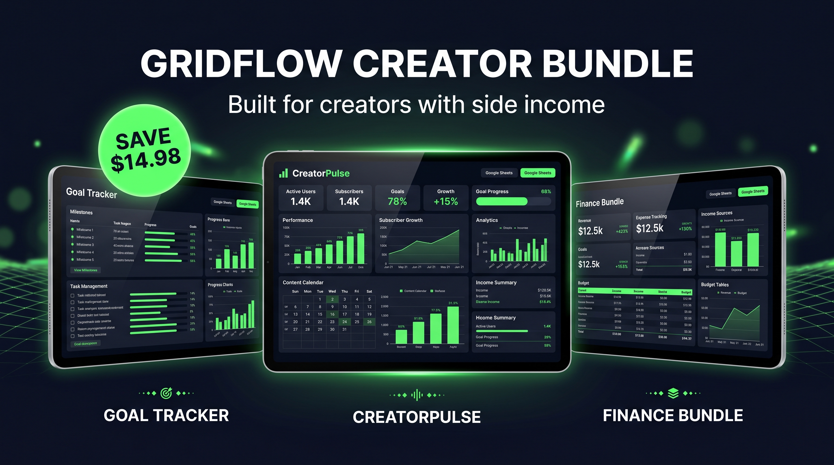 GridFlow Creator Bundle — Social Media Tracker + Goal Tracker + Finance System