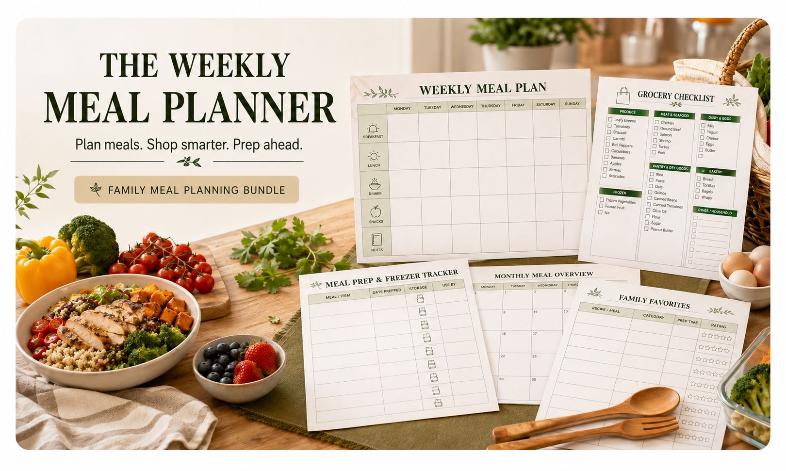 Weekly Meal Planner Printable Bundle – Grocery List, Meal Prep & Freezer Tracker