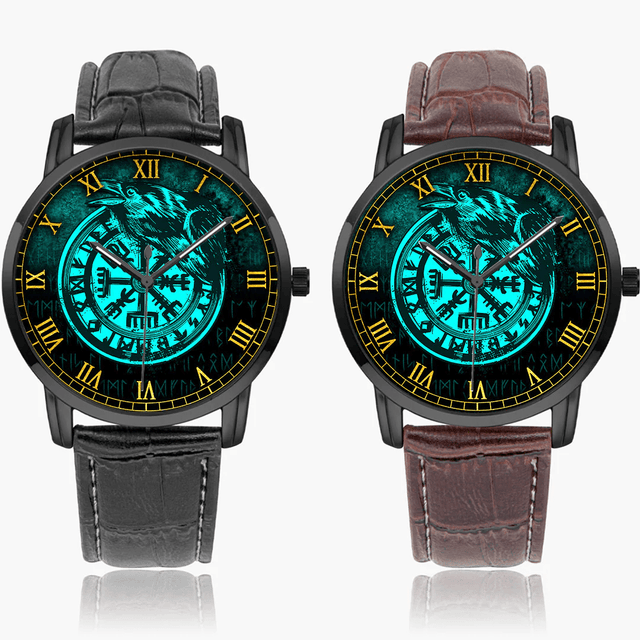  Viking Vegvisir Rune With Crow Cyan Instafamous Wide Type Quartz Watch