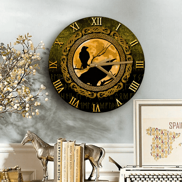 Vikings Hugin Munin Odins Ravens Gold Wooden Clock 