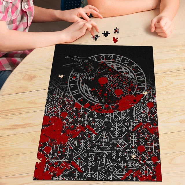 Vikings Premium Wood Jigsaw Puzzle (Vertical) - Ravens and Vegvisir Tattoo Style