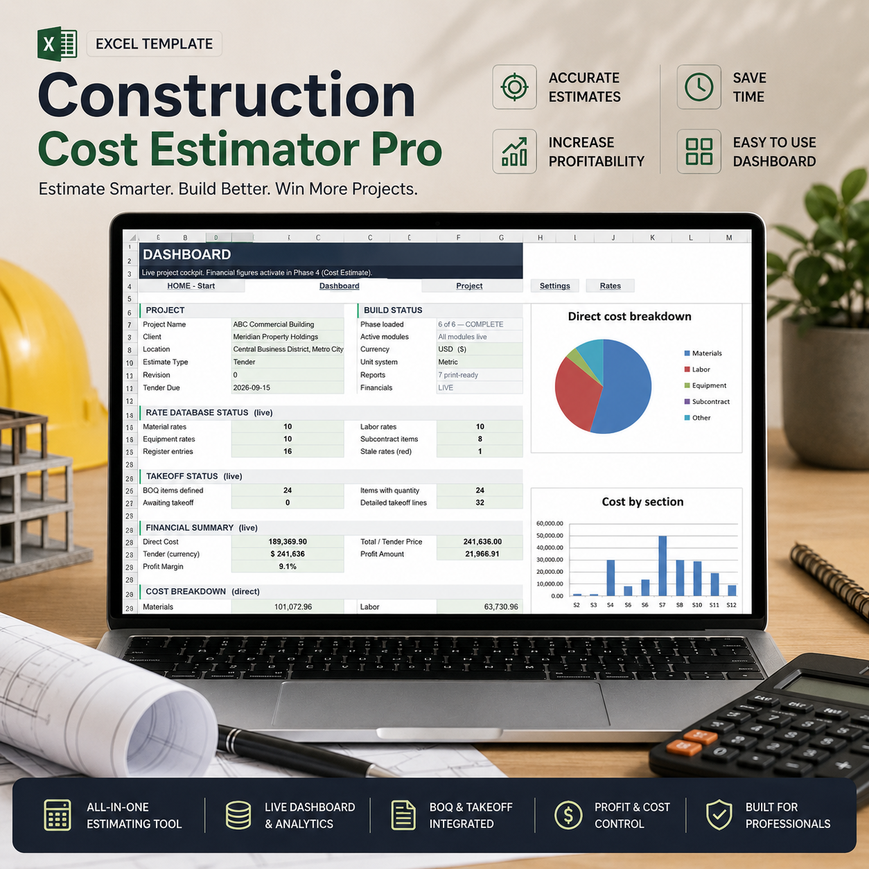 Construction Cost Estimator Pro — Excel BOQ, Quantity Takeoff and Rate Analysis 