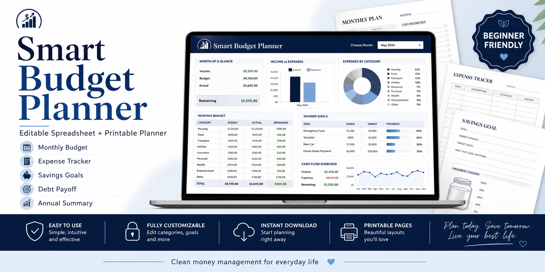 Smart Budget Planner - Editable Spreadsheet + Printable PDF