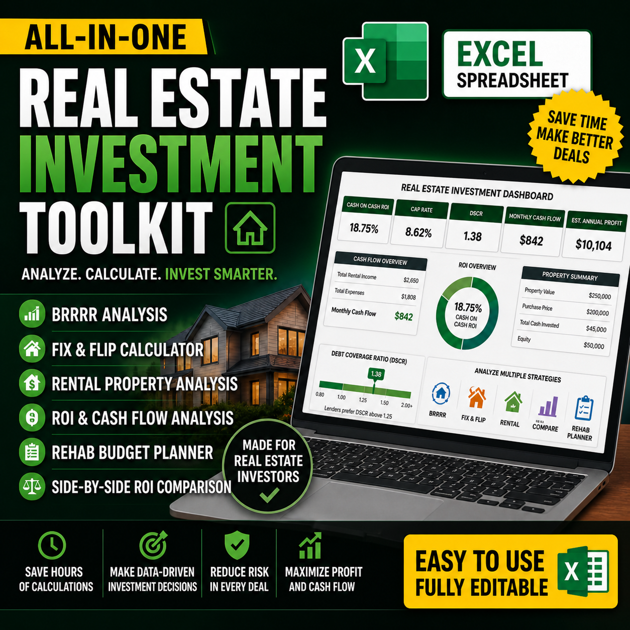 Real Estate Calculator (Excel based, Fix & Flip + BRRRR +ROI + Rental Property) 
