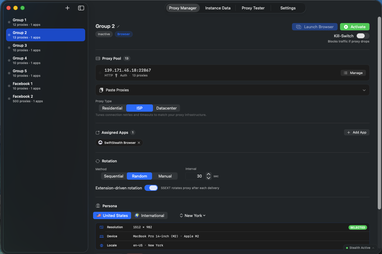 SwiftStealth API Business - Instances: Unlimited / Devices: 5 / Unl req/min