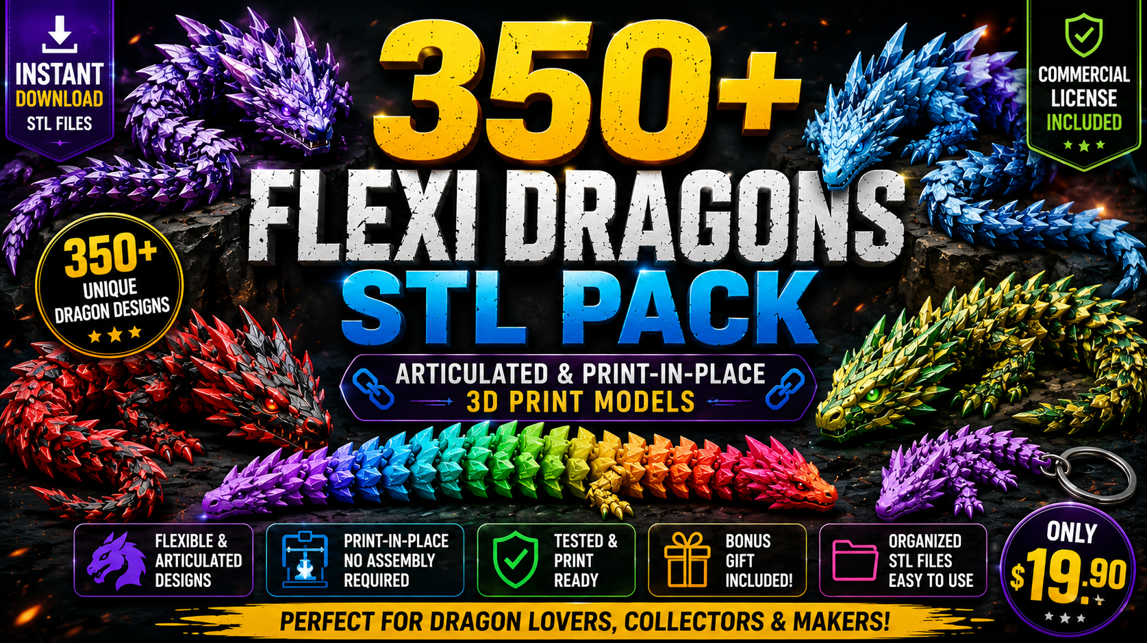 350+ Flexi Dragons STL Pack | Articulated Dragon 3D Models