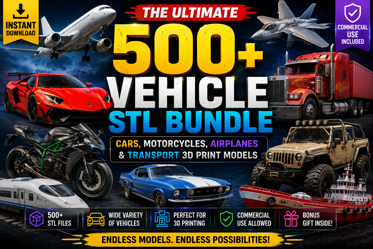 500+ Vehicle STL Bundle | Cars, Planes & Motorcycles