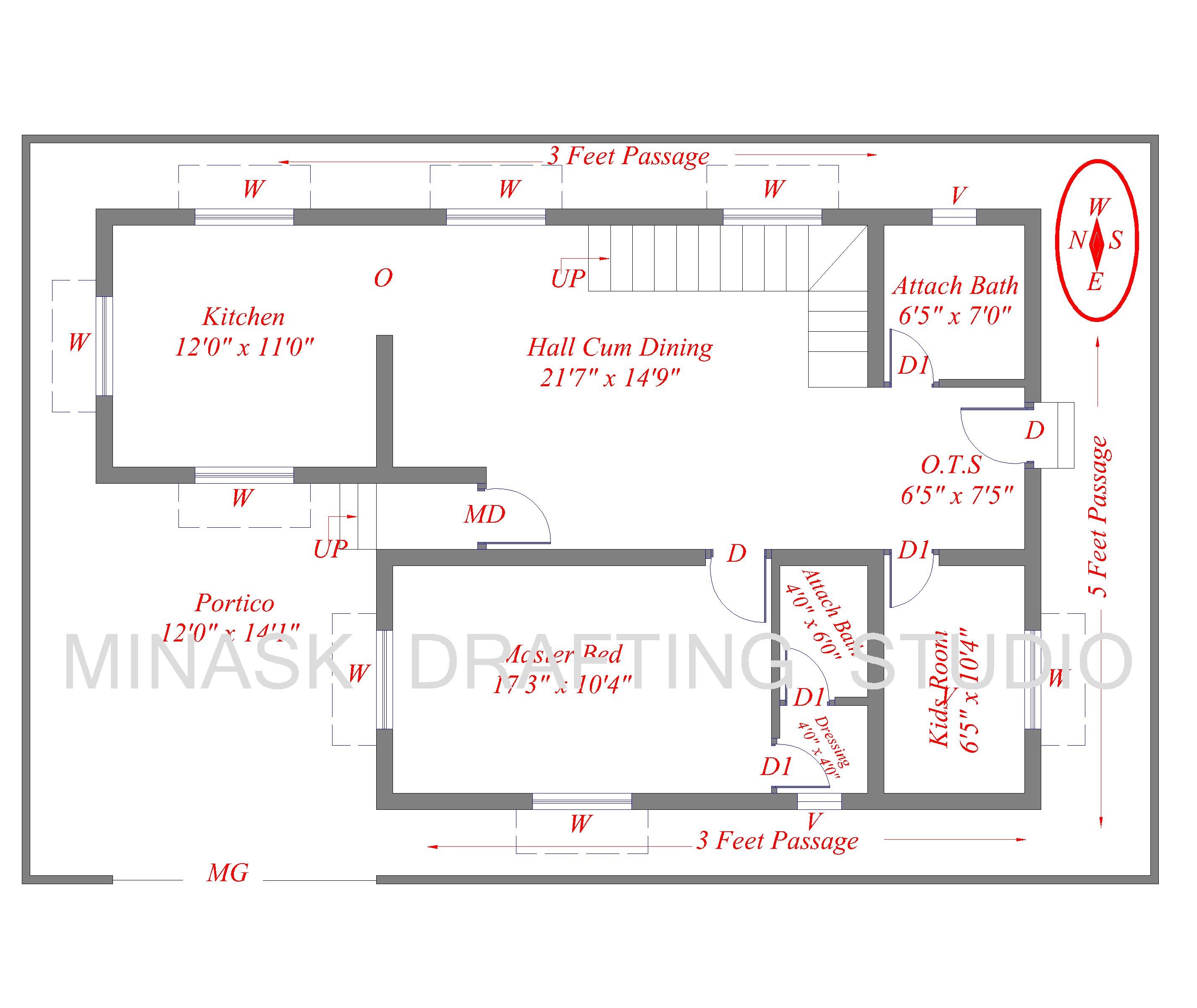 43X27 Feet East Facing House Plan 2D layout (PDF,DWG)
