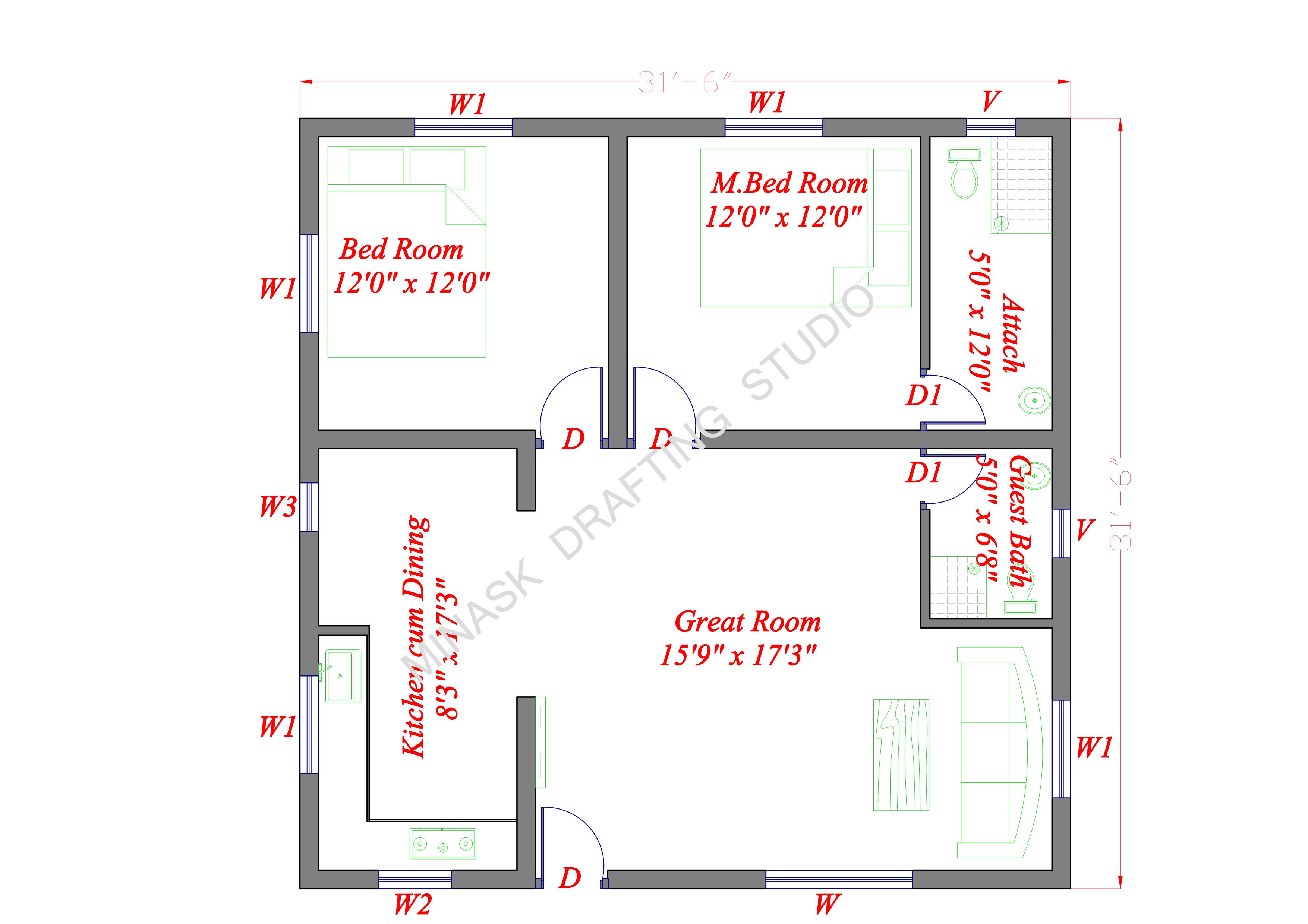 Premium 31'6" x 31'6" Modern 2BHK House Plan (1000 Sq.Ft)