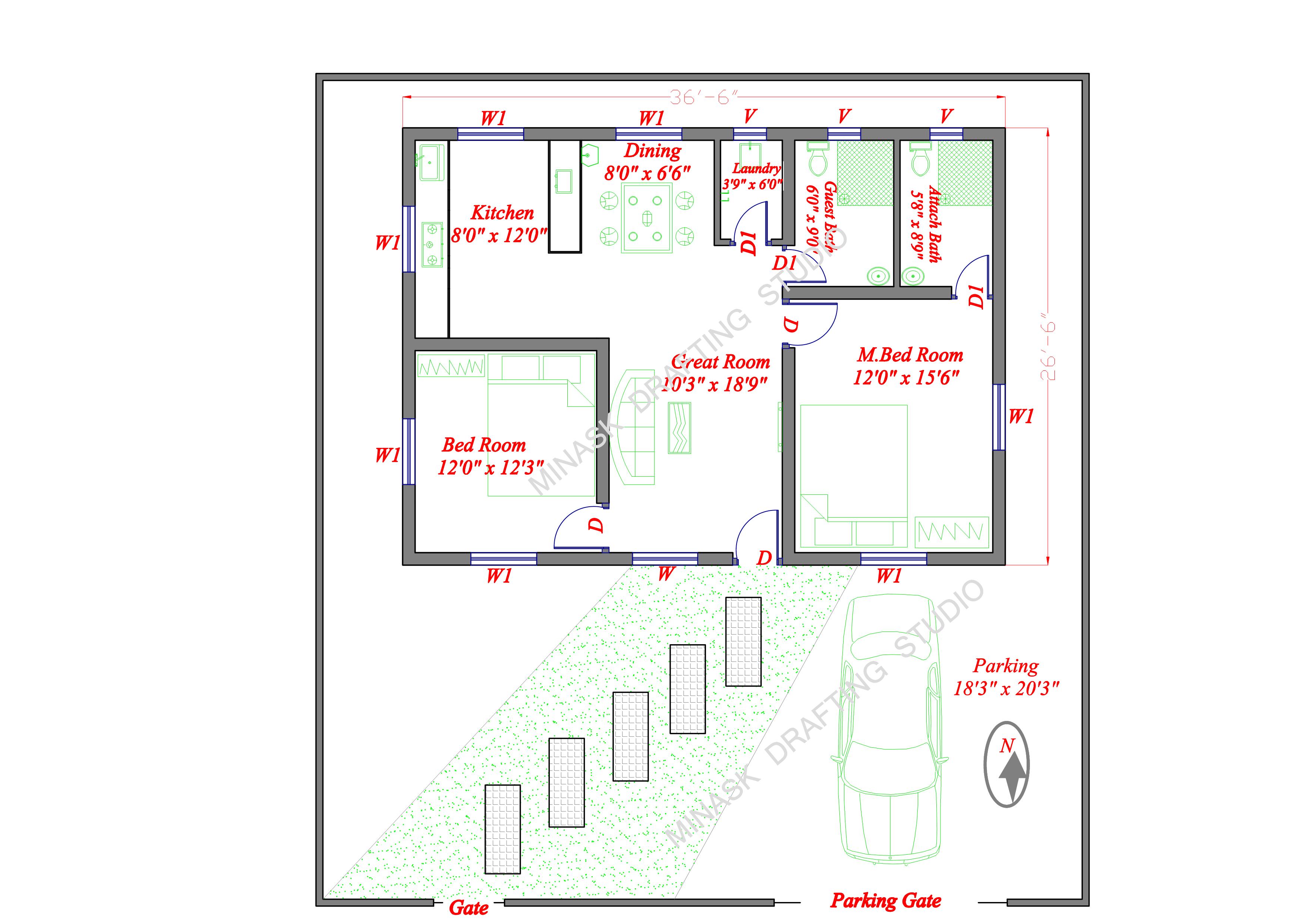 36x26 Feet 2BHK Modern House Plan Layout