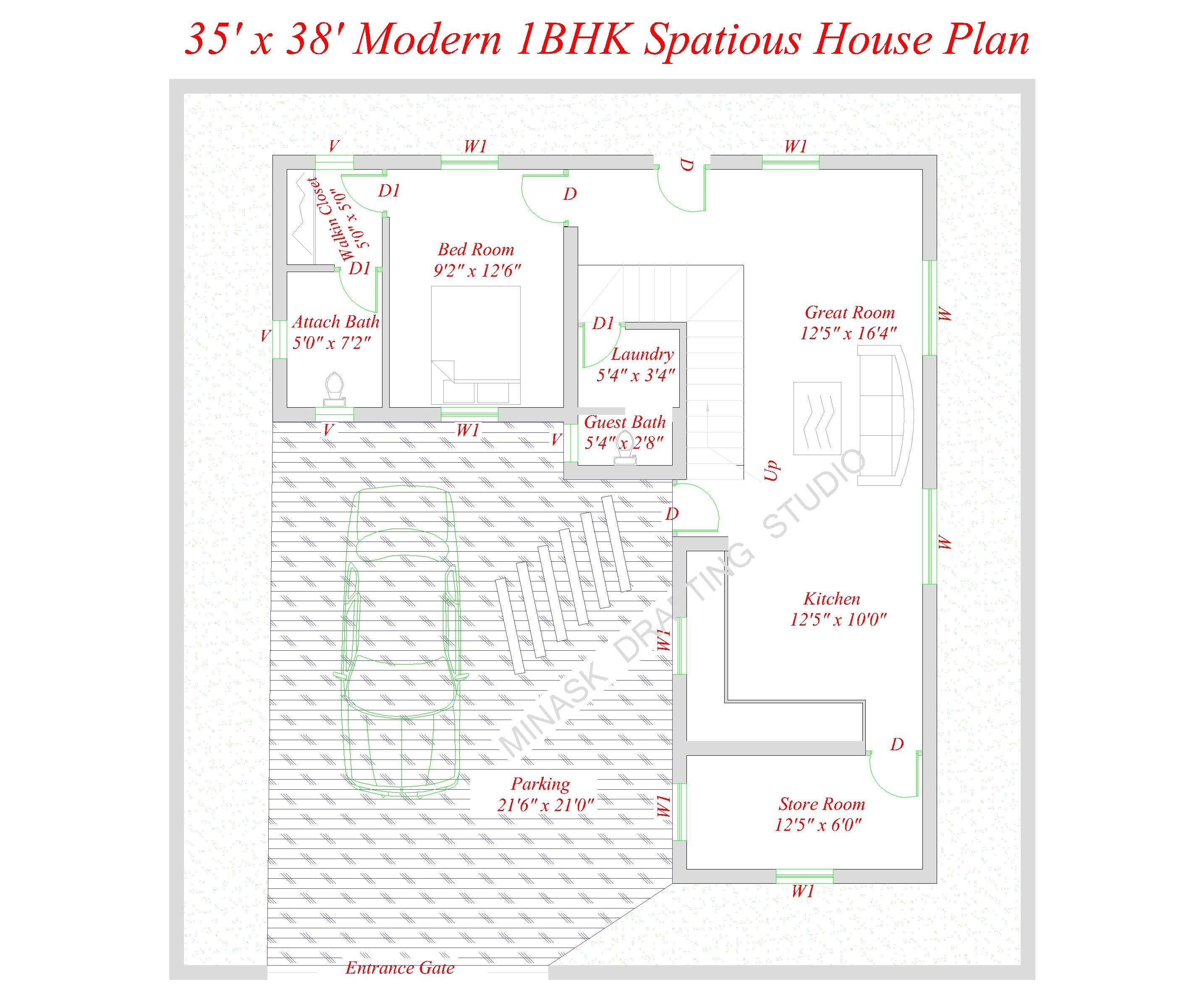 35x38 Feet 1BHK Spatious House Plan (PDF,.DWG)