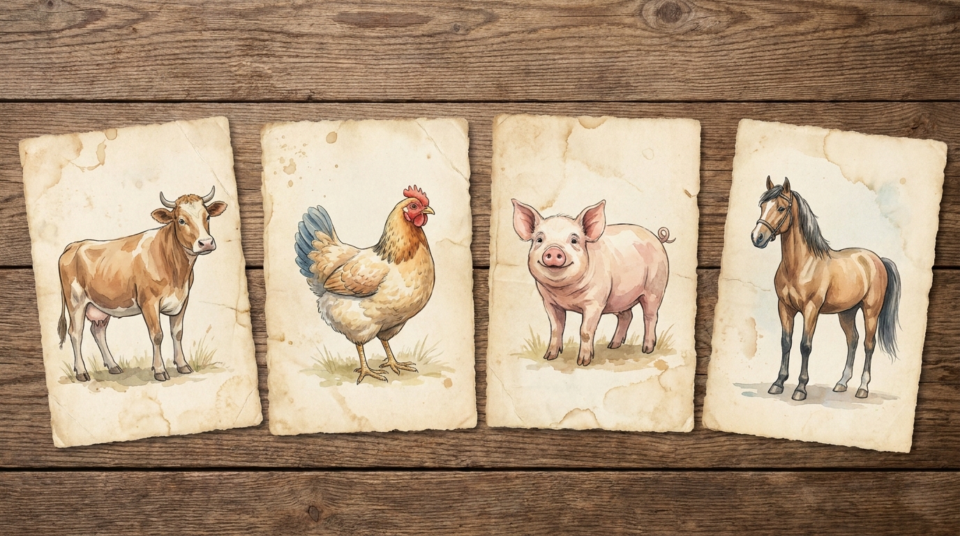 Farm Animals Vintage Flashcards