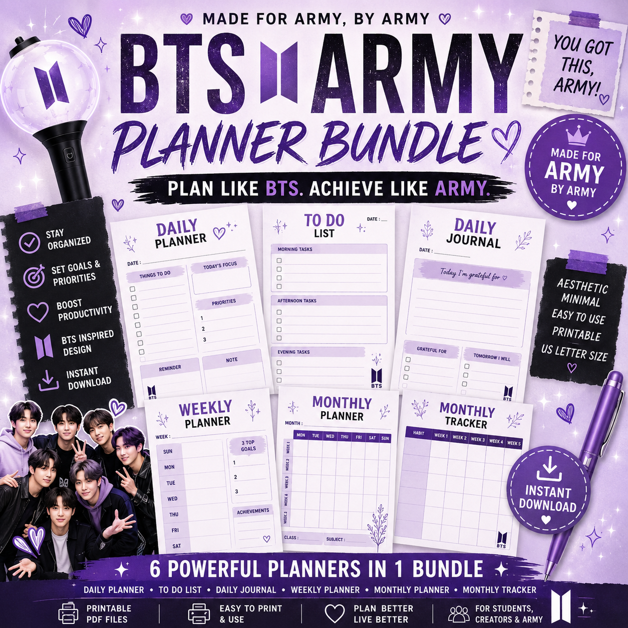 BTS Inspired Planner 💜 Aesthetic Daily, Weekly & Monthly Printable