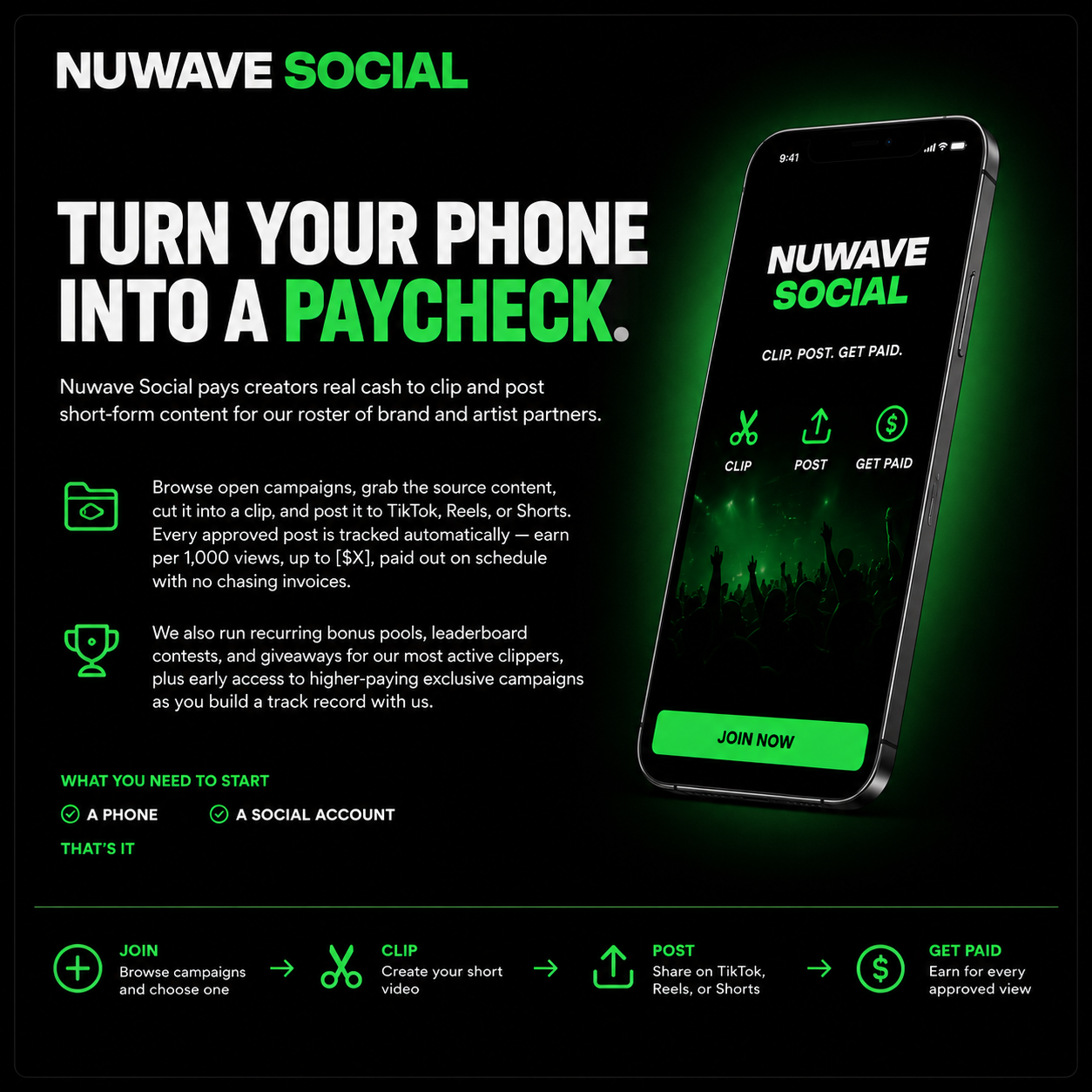 Get paid to clip and post. No minimum following required.