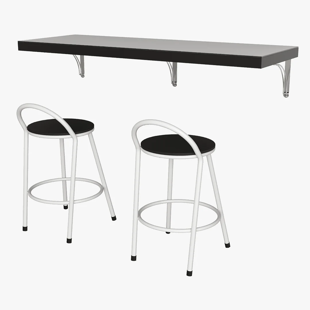 Modern Wall Mounted Counter Table with Two Metal Bar Stools
