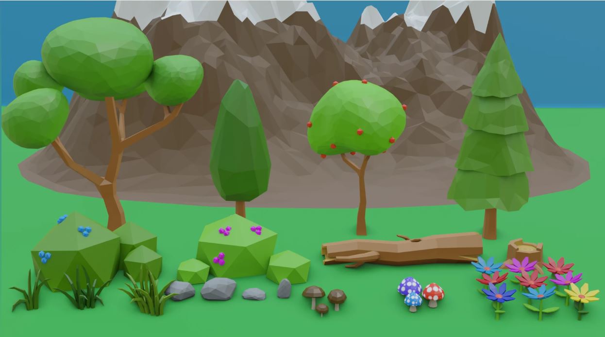 3D Low Poly Cartoon Trees Grass Plants and Rocks
