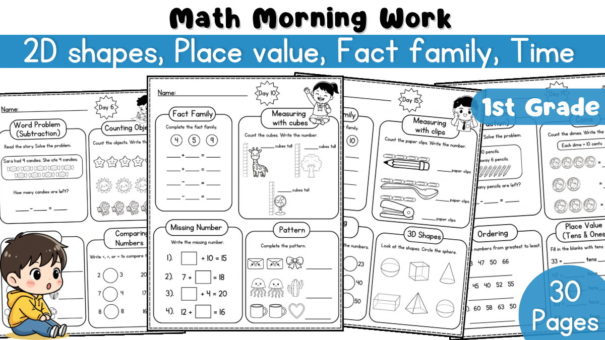 1st Grade Math Morning Work | Daily Math Spiral Review|Back to School Worksheets