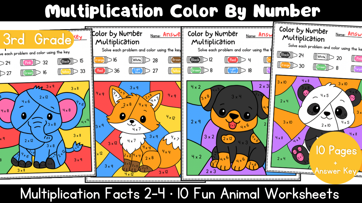 3rd Grade Animal Color by Number Multiplication Facts 2-4 