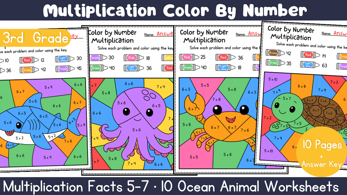 3rd Grade Ocean Animal Color by Number Multiplication Facts 5-7 